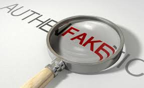 Word "AUTHENFAKETIC" with magnifying glass enlarging "FAKE" part of word.