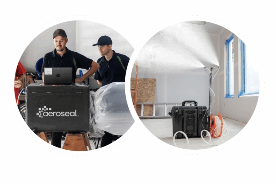 Two Aeroseal workers working on Aeroseal equipment with logo