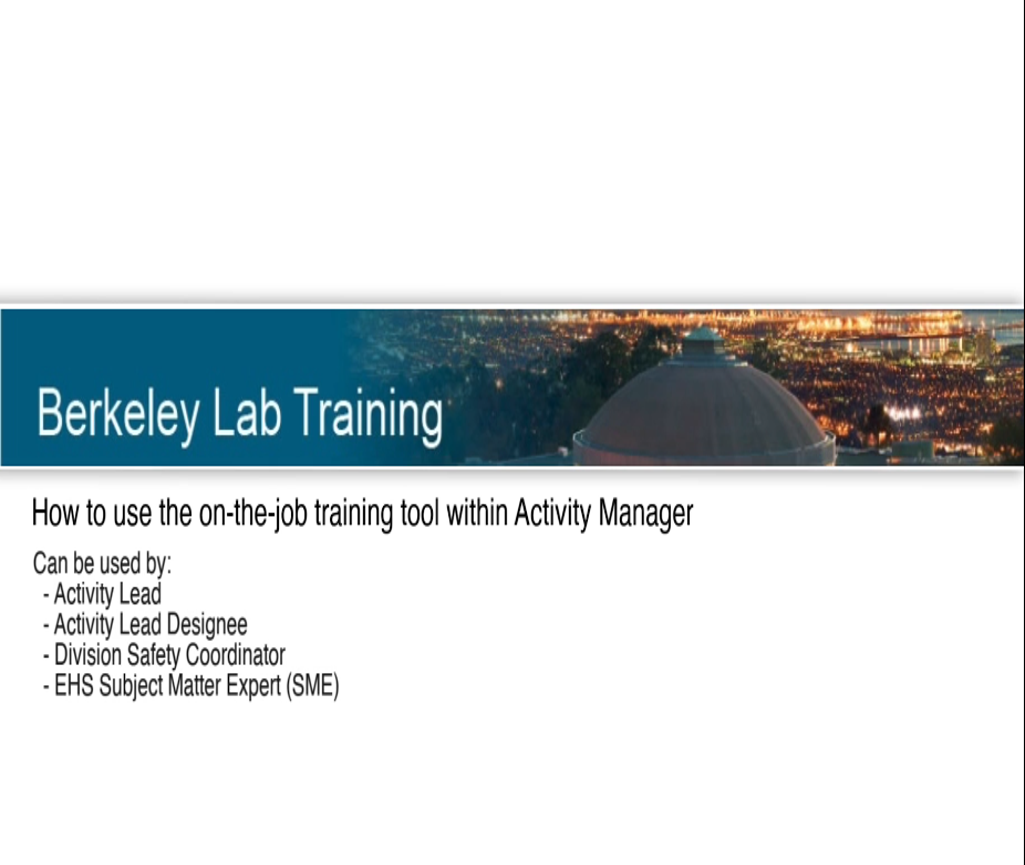 Website with photo banner of Berkeley Lab overlaid with white words "Berkeley Lab Training"