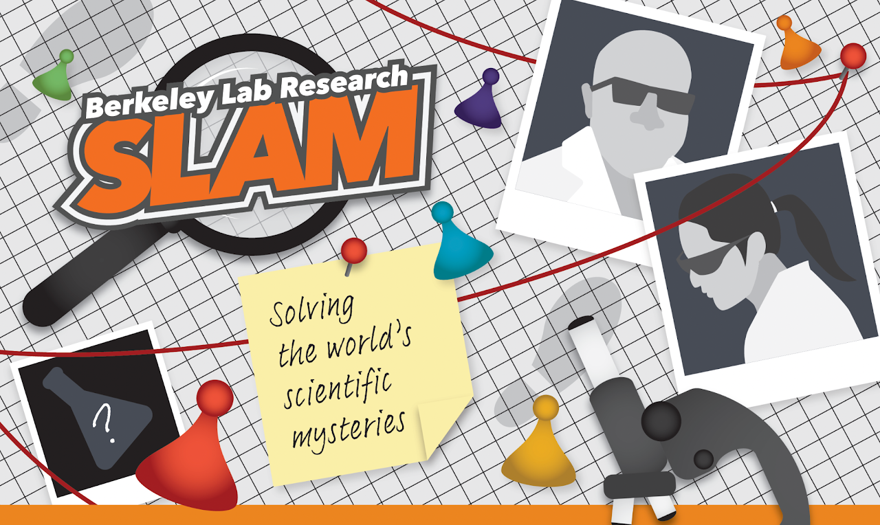 Composite illustration of orange logo reading "SLAM" with magnifying glass, photos of persons, and a microscope.