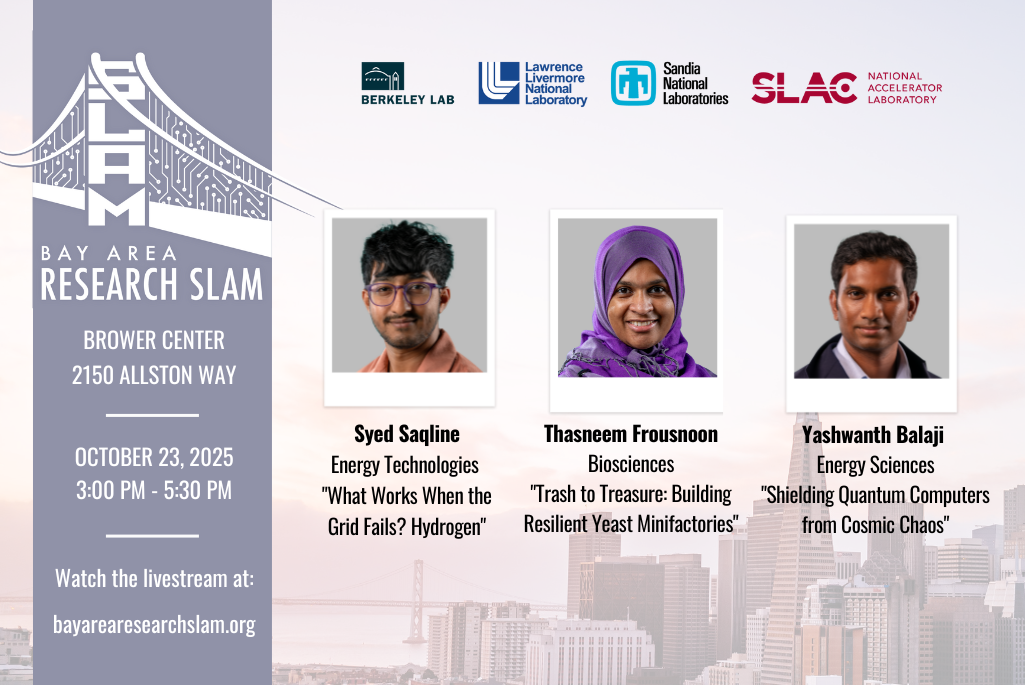 Compilation of three headshots with graphics and text giving time of event