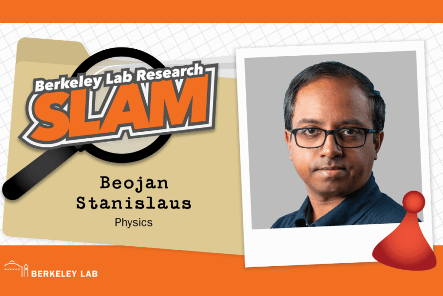 Composite image of Physics researcher Beojan Stanislaus against an orange and tan Berkeley Lab Research SLAM logo