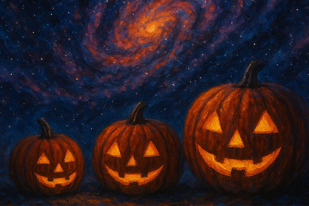 four scary orange jack o lanterns on black background