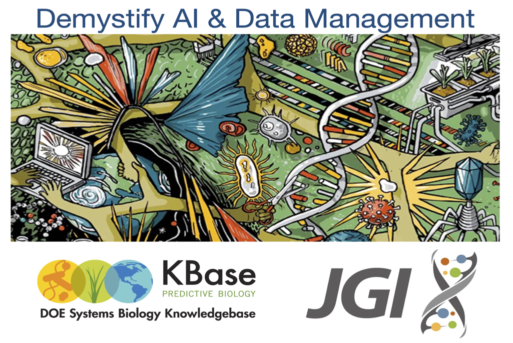 Composite illustration with multi-colored graphic of DNA strand, plants, cells and KBase and JGI logos beneath.