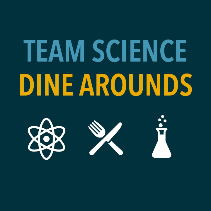 Composite illustration: words "Team Science Dine Arounds" above three icons of nuclear hazard, fork and knife, and beaker.