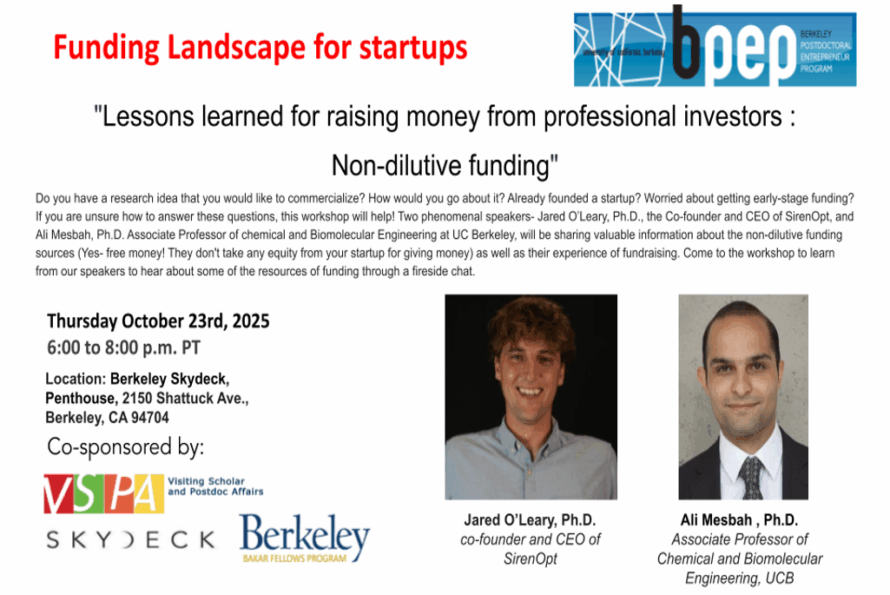 Composite image: red words "Funding landscape for startups"; BPEPO logo; two headshots of persons, one labeled "Jared O'Leary, PhD" and the other "Ali Mesbah, PhD"