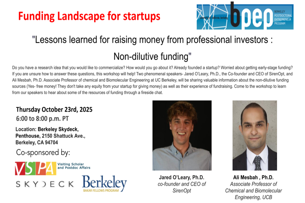 Composite image: red words "Funding landscape for startups"; BPEPO logo; two headshots of persons, one labeled "Jared O'Leary, PhD" and the other "Ali Mesbah, PhD"