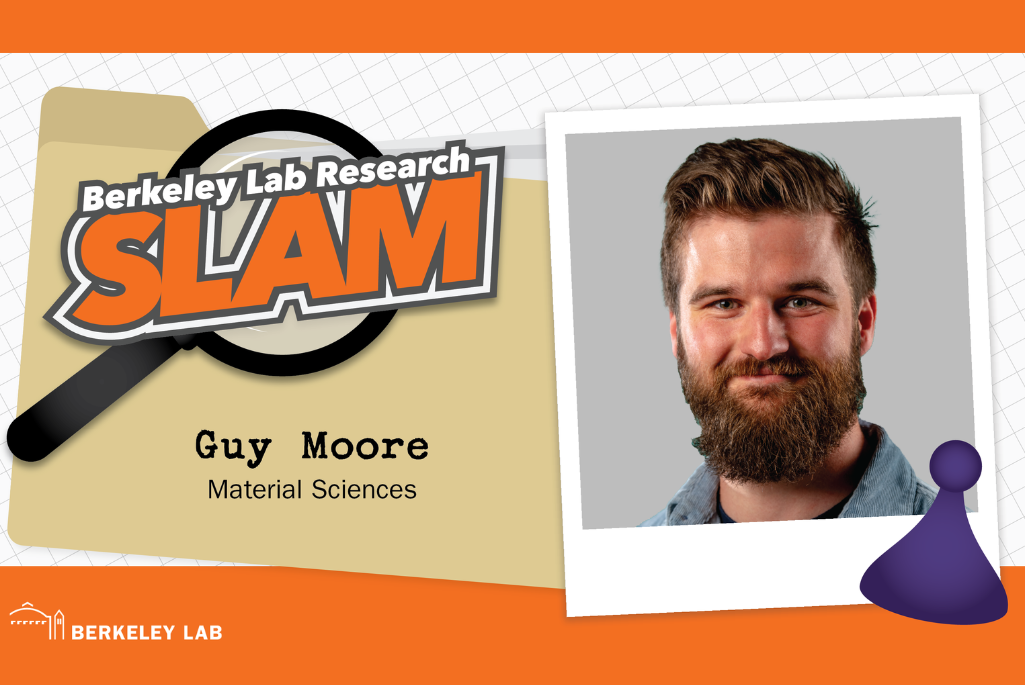 Composite image of Energy Sciences researcher Guy Moore against an orange and tan Berkeley Lab Research SLAM logo