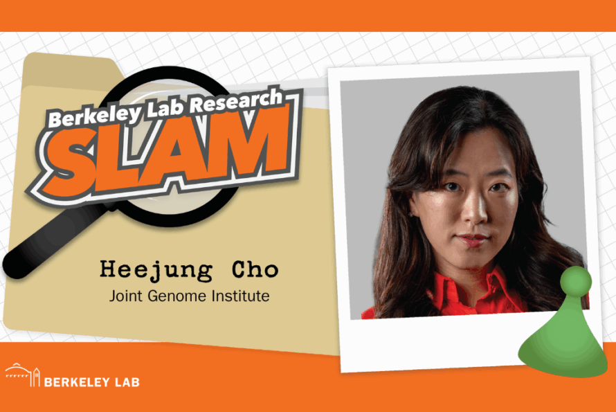 Composite image of Biosciences researcher Heejung Cho against an orange and tan Berkeley Lab Research SLAM logo