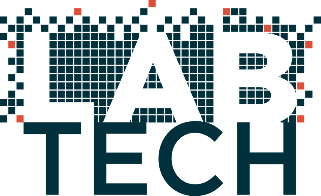 Graphic illustration of logo with words "Lab Tech" overlaid on background of pixels.
