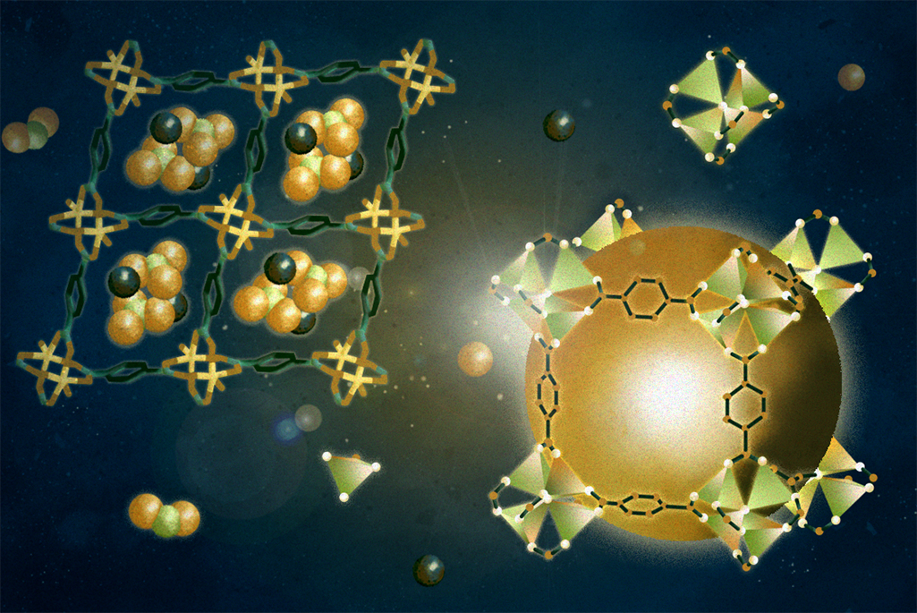 Illustration of many small light gold figures on a dark background