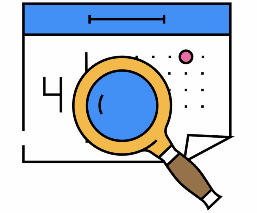 Illustration of calendar page with large blue and yellow magnifying glass overlaid on it
