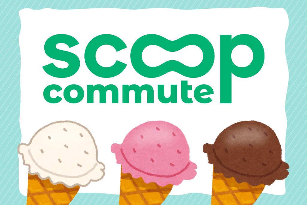 Green Scoop Commute logo on white background with teal border and three illustrations of ice cream cones below.