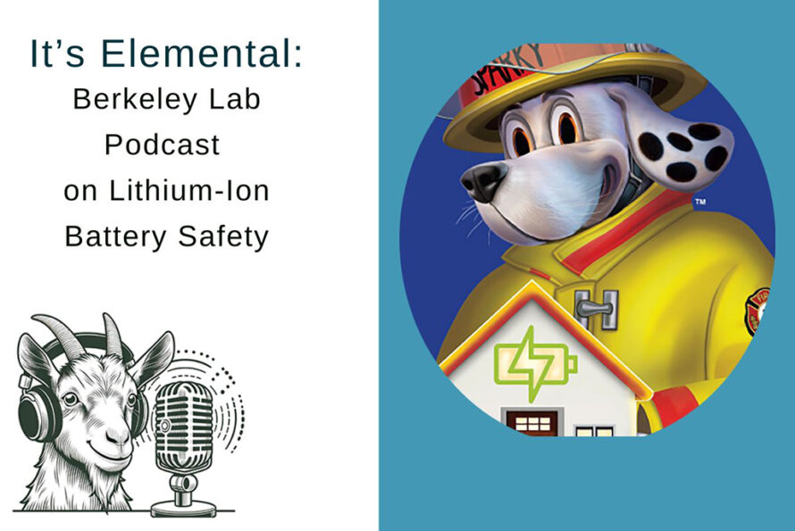 Combo image of text with podcast name and cartoon fire dog holding house