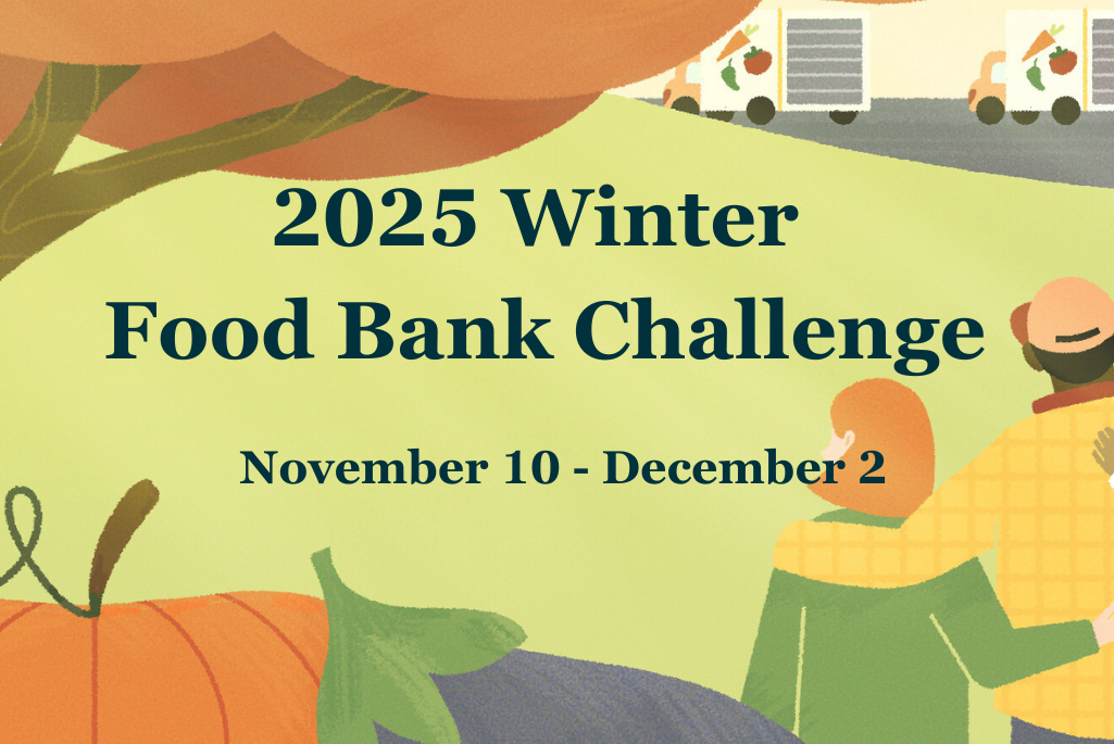 Graphic showing a fall tree and pumpkin, with words "Winter Food bank Challenge, Nov. 3-Dec. 2"