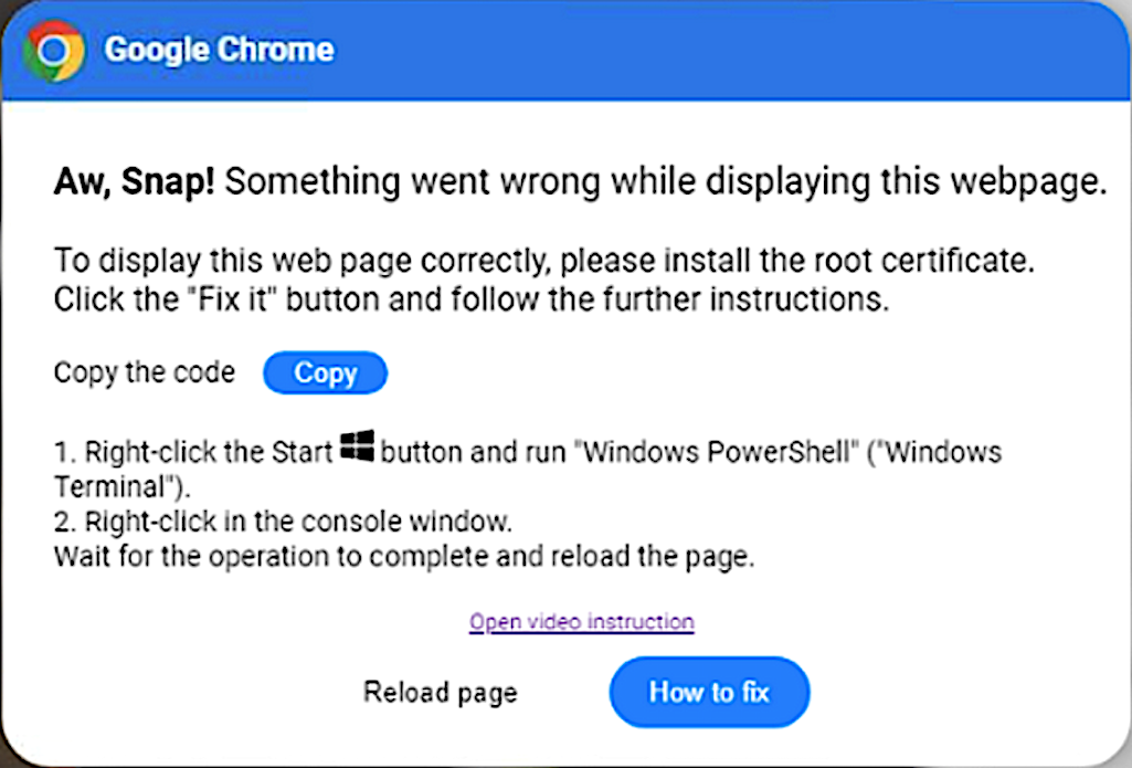 Fake Google Chrome website message reading "Aw, Snap! Something went wrong while displaying this webpage".