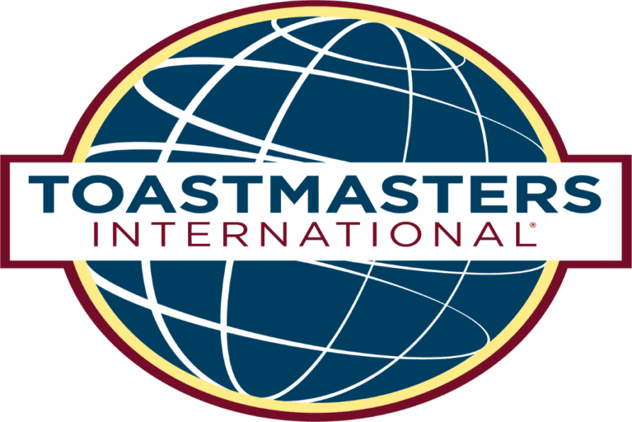 Graphic of blue globe with overlapping words "Toastmasters International"