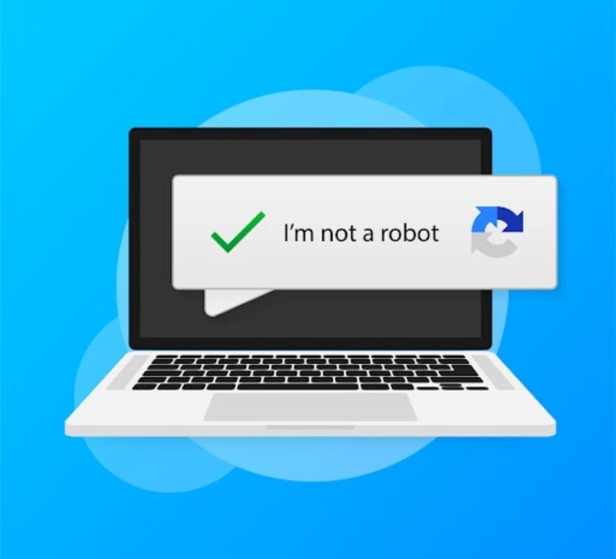 Illustration of open laptop computer with pop-up window reading "I'm not a robot" against a light blue background