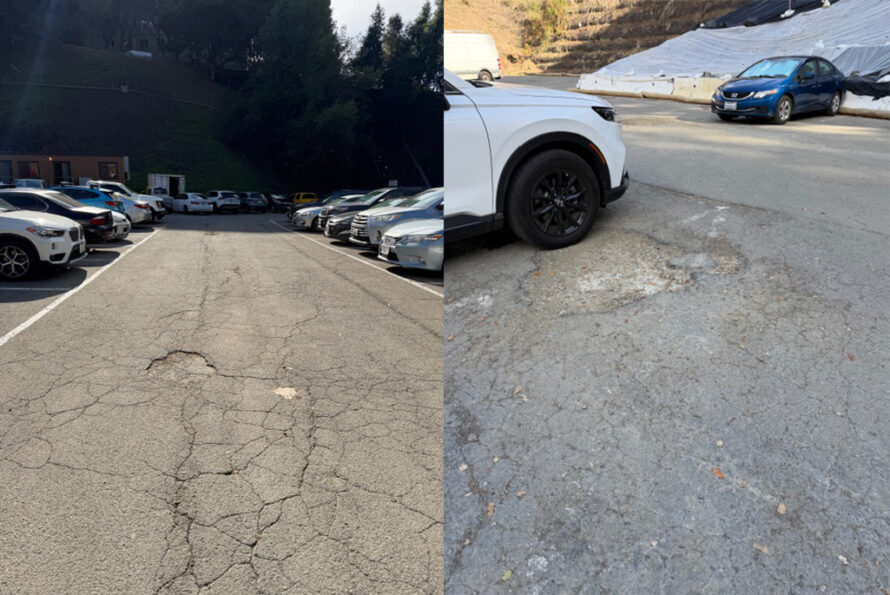 Two images side by side showing potholes in Parking Lot D at Berkeley Lab.