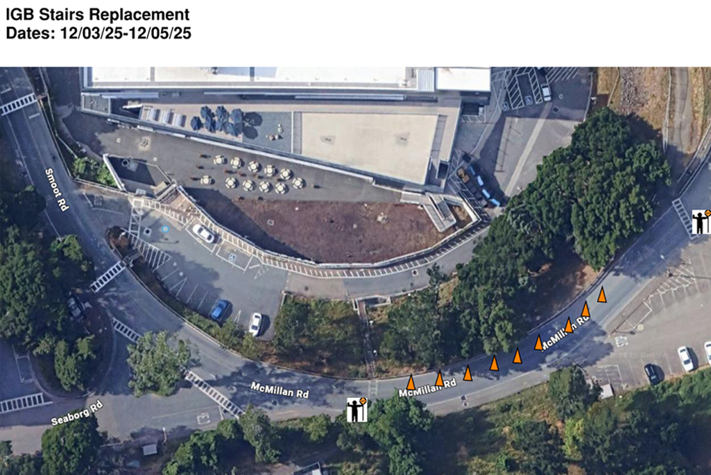 Aerial view of McMillan Road at Berkeley Lab with icons indicating roadwork.
