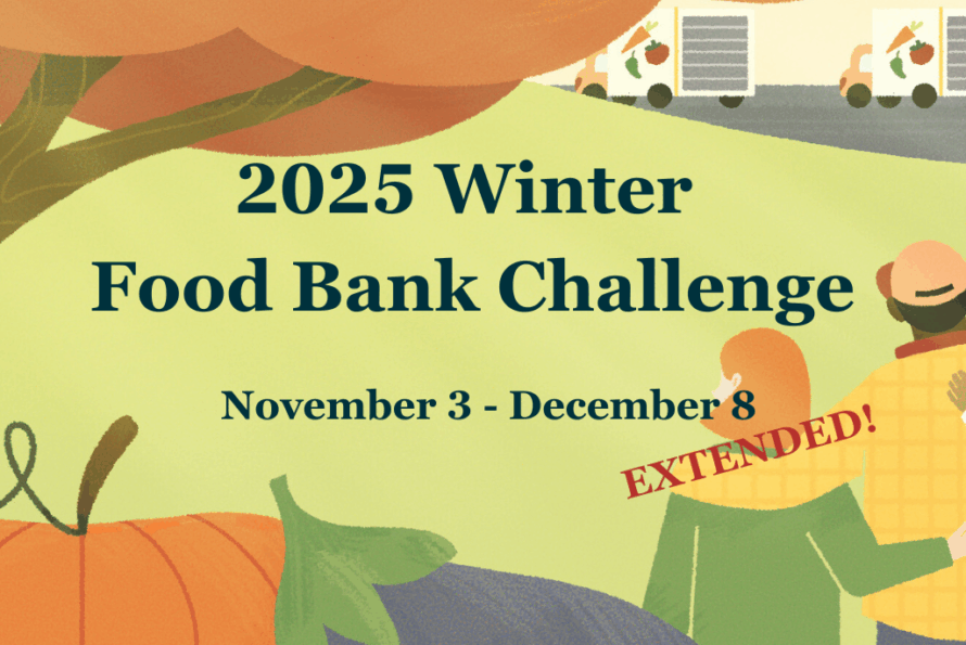 Graphic showing a tree and vegetables, with two figures waving at food bank trucks. Across the bottom are the words "Winter Food Bank Challenge, Nov. 3-Dec. 8"