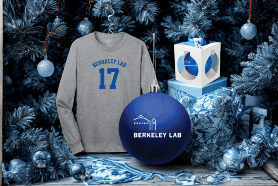Composite image: gray long-sleeve tee with blue words "Berkeley Lab 17"; large blue ball holiday ornament with white Berkeley Lab logo; white box with blue ornament inside - all in front of holiday tree.