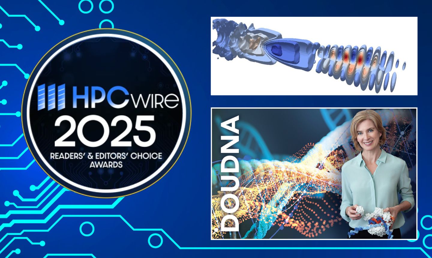 Composite image: round logo labeled "HPCWire 2025"; illustration of scientific device; image of person with name "Doudna"