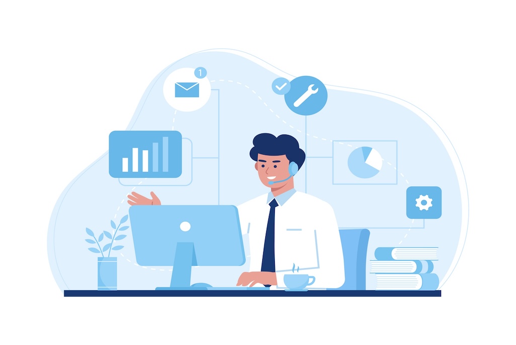 Illustration of person seated in front of computer with symbols of graphs and charts arrayed overhead.