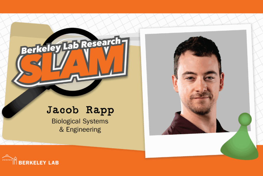 Composite image of Biosciences researcher Jacob Rapp against an orange and tan Berkeley Lab Research SLAM logo