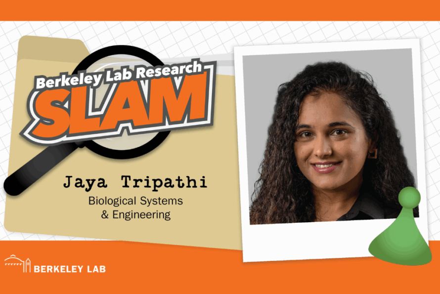 Composite image of Biosciences researcher Jaya Tripathi against an orange and tan Berkeley Lab Research SLAM logo