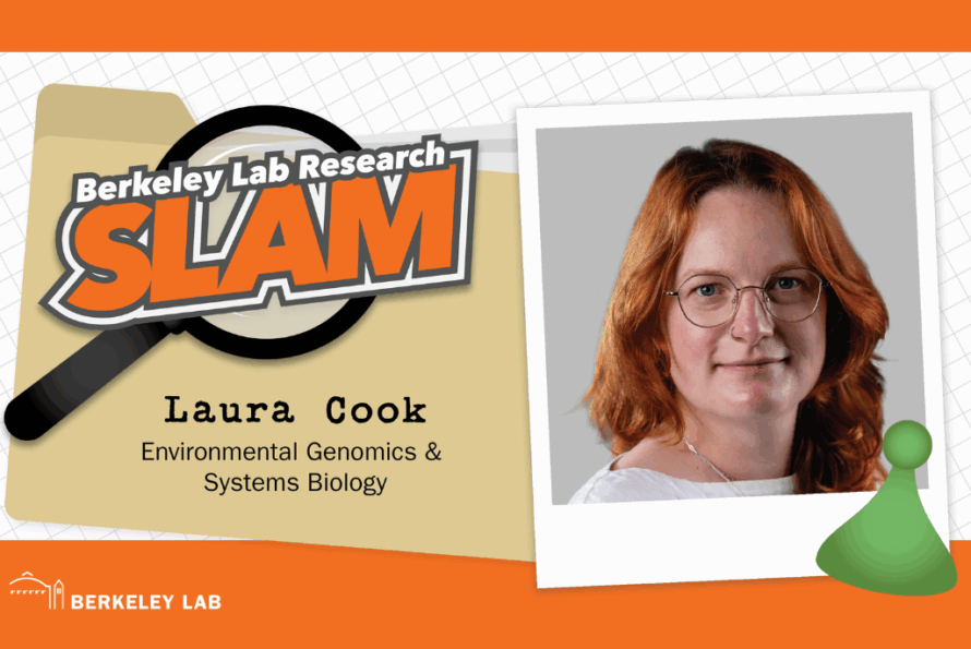 Composite image of Biosciences researcher Laura Cook against an orange and tan Berkeley Lab Research SLAM logo