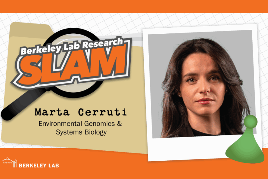Composite image of Biosciences researcher Marta Cerruti against an orange and tan Berkeley Lab Research SLAM logo