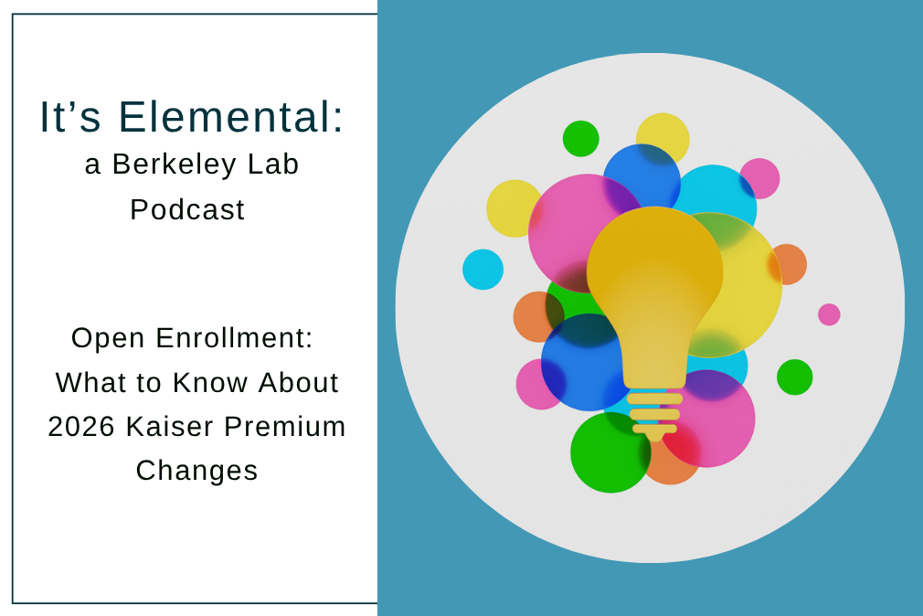 Composite graphic: on right there is a white circle with smaller circles of different sizes and colors overlaid with yellow light bulb; on left, there is a Elements podcast logo labeled "It's Elemental: A Berkeley Lab Podcast"