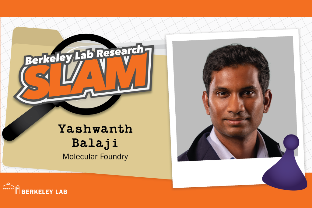 Composite image of Energy Sciences researcher Yashwanth Balaji against an orange and tan Berkeley Lab Research SLAM logo