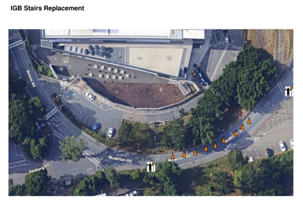 Aerial view of McMillan Road at Berkeley Lab with icons indicating roadwork.
