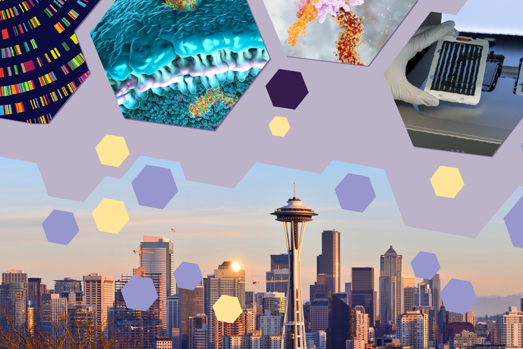 Composite image of photo of Seattle skyline with several hexagonal shapes with scientific devices in them overhead.