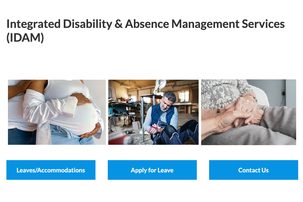 IDAM website screenshot with three call to action boxes with stock images that say, Leaves/Accommodations, Apply for Leave, and Contact Us.