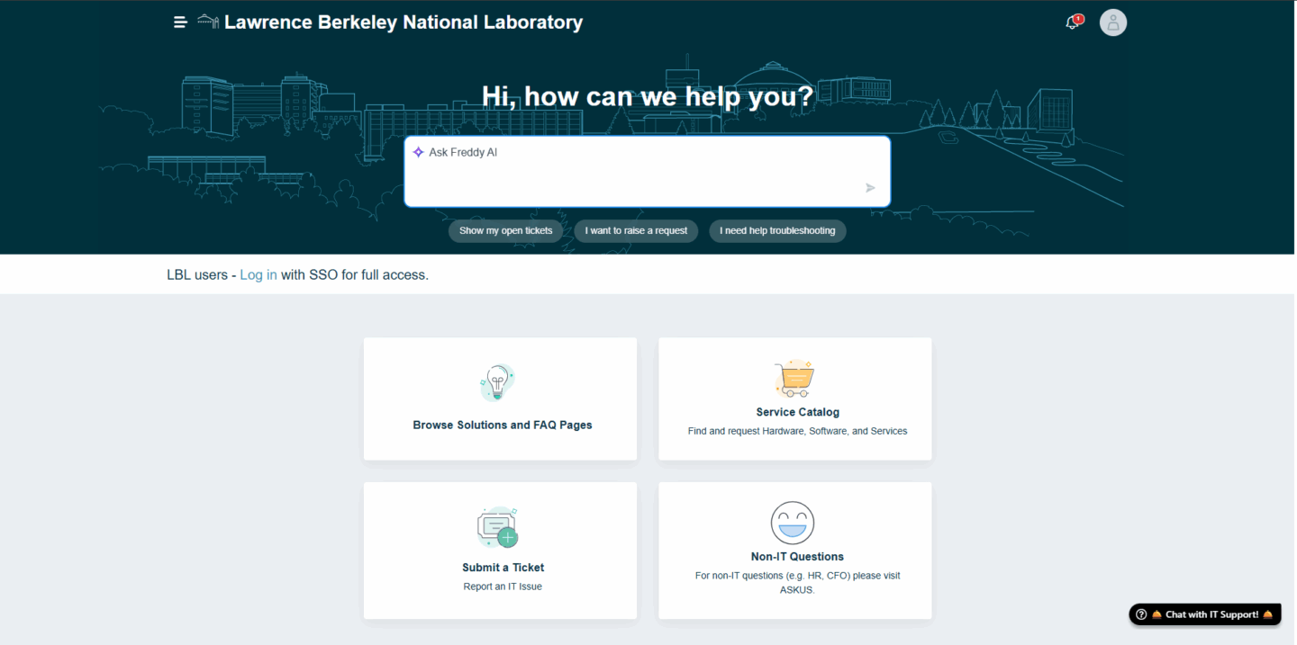 Web page reading "Lawrence Berkeley National Laboratory, Hi, how can we help you?" in top half and four clickable sections beneath.