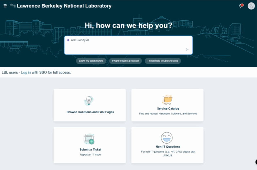 Web page reading "Lawrence Berkeley National Laboratory, Hi, how can we help you?" in top half and four clickable sections beneath.