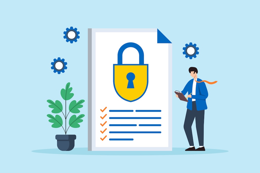 Illustration of person in suit and necktie reviewing security policies and protocols beside icon of lock