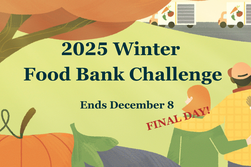 illustration of people against a fall background waving at food bank trucks making deliveries. Contains the words: 2025 Winter Food Bank Challenge Ends December 8, Final Day