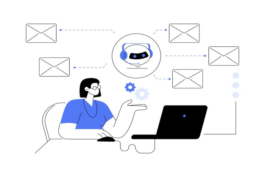 Abstract concept vector illustration depicting person working with automation email sending and receiving, machine learning, and software to automate business processes, represented by letter envelops suspended over person's head with robot operator at center