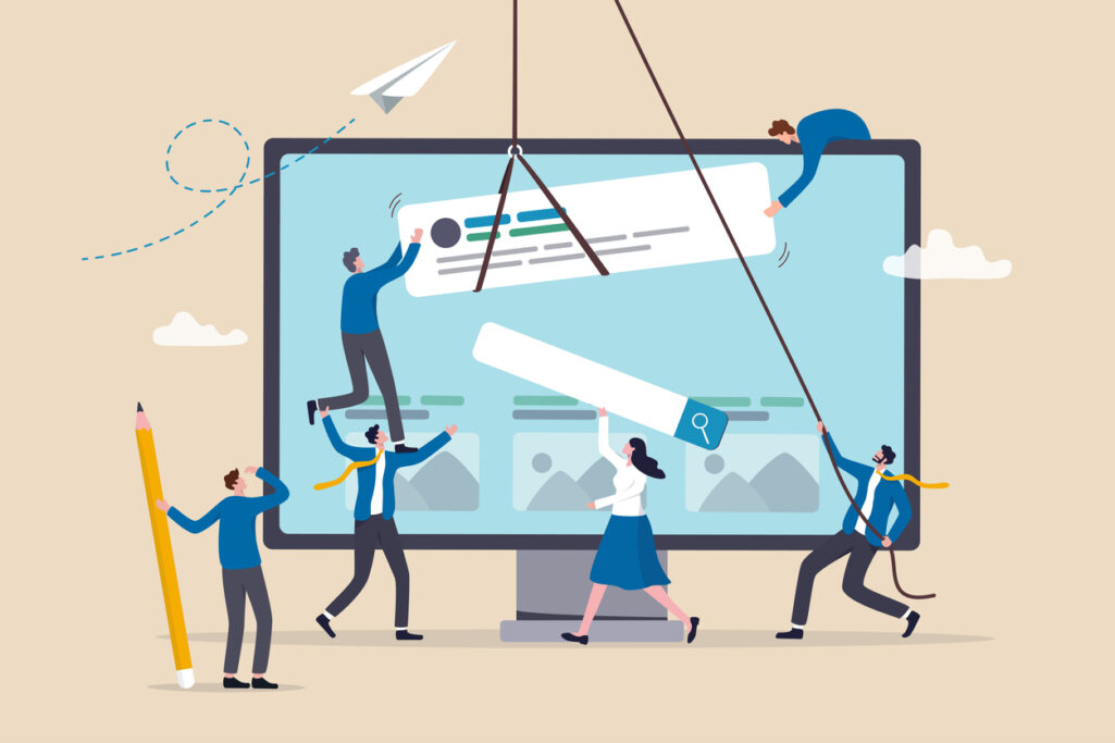 Illustration of cartoon office workers engaged in constructions activities on an oversized computer monitor.