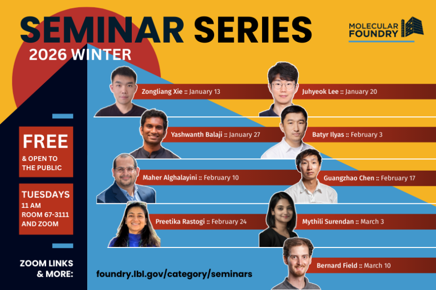 Composite illustration: eight headshots with title above reading "Seminar Series 2026 Winter" and Berkeley Lab Molecular Foundry logo in the upper-right