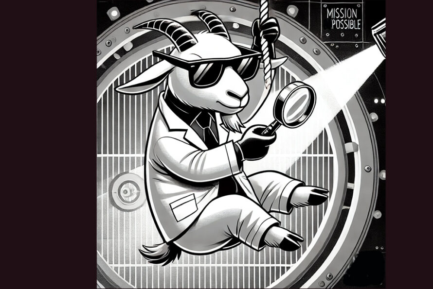 Line drawing of goat wearing suit and glasses looking through magnifying glasses.