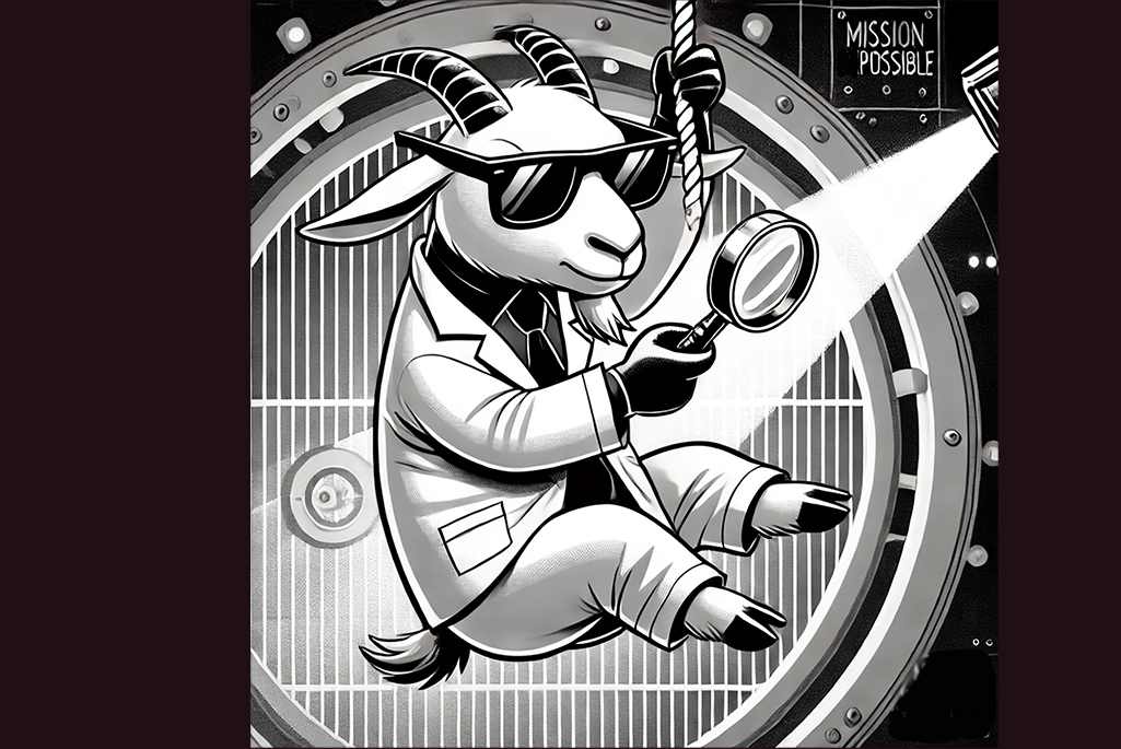 Line drawing of goat wearing suit and glasses looking through magnifying glasses.