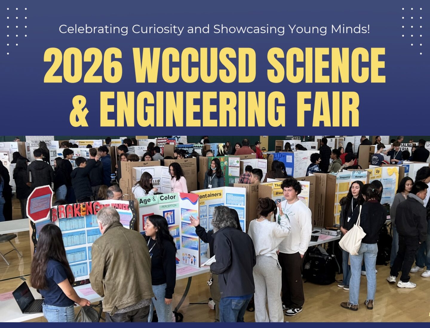 Composite illustration of photo of crowd of people standing in front of posters in booths with text above "2026 WCCUSD Science & Engineering Fair"