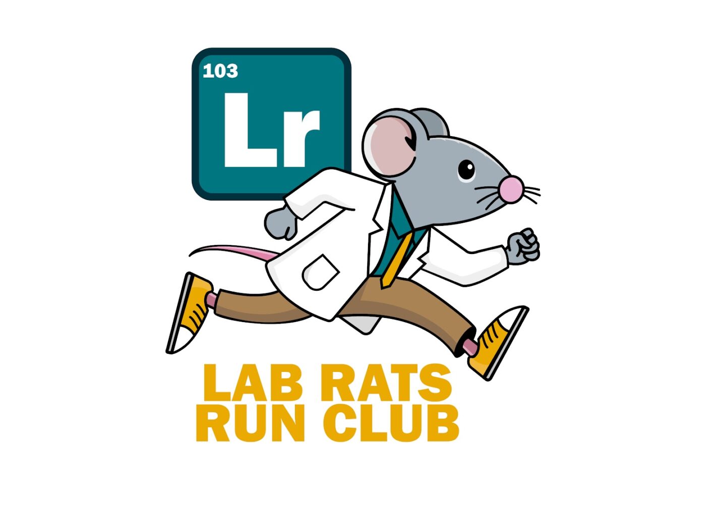 Cartoon illustration of a gray rat in a white lab coat running with an element tile from the periodic table reading "Lr" in the background and the title "Lab Rats Run Club" below.