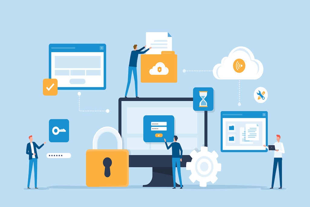 Line drawing of computer with persons standing next to icons representing a folder, padlock, key, gears, and cloud