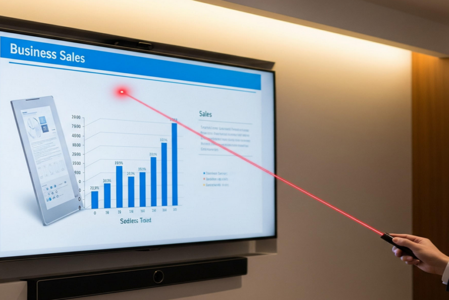 Closeup of wall-mounted screen with red laser pointer beam being projected from a person's hand